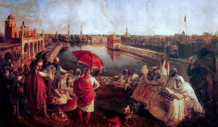 Secular, Spiritual: An oil painting by Ágoston Schoefft of Maharaja Ranjit Singh listening to the Guru Granth Sahib being recited near the Golden Temple.