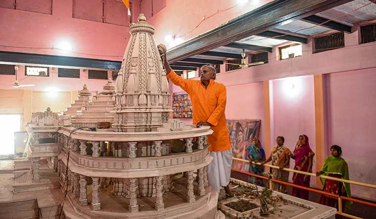 Keeping faith: A replica of the proposed Ram temple on display at Karsevakpuram, Ayodhya | PTI