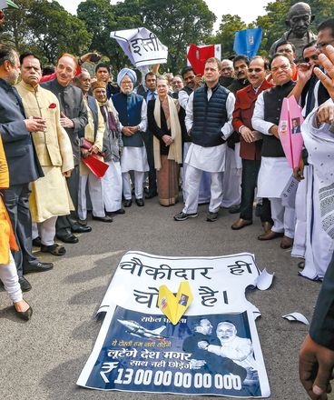 Upping the ante: Congress leaders led by Rahul protesting the Rafale deal outside Parliament | PTI
