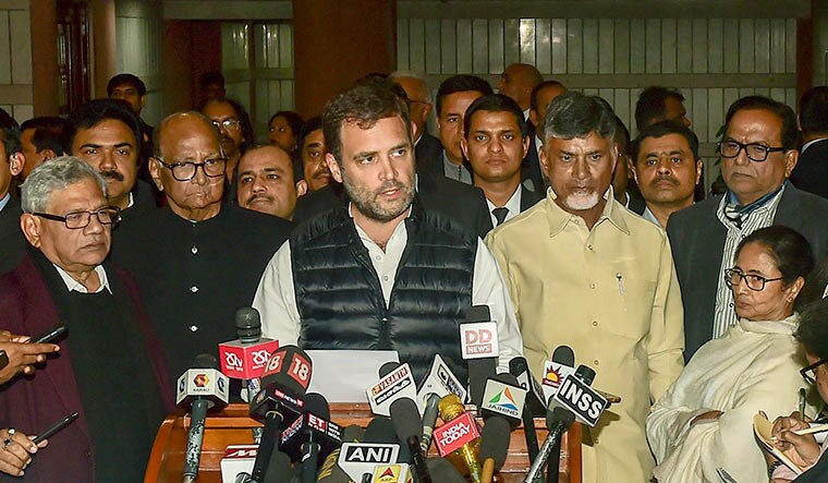 Fresh challenge: Congress president Rahul Gandhi reads a joint statement after the opposition parties’ meet on February 27 | PTI