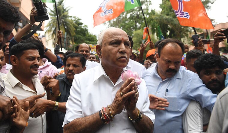 Winning moment: Karnataka BJP president Yeddyurappa celebrating the party’s landslide victory along with party workers | Bhanu Prakash Chandra