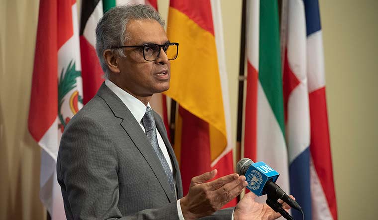 Man of the moment: Ambassador Syed Akbaruddin briefs the media following Security Council consultations on Kashmir. He led India’s efforts to neutralise the Sino-Pak attempt to hold a formal Council session on the issue.