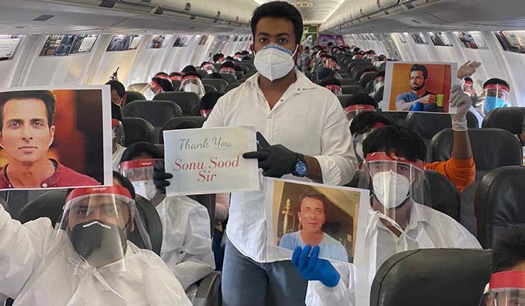 Indian students who were airlifted by Sood from Kyrgyzstan.