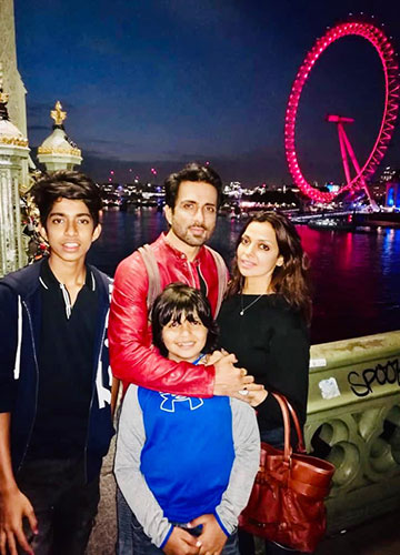 Sood with his wife, Sonali, and sons Eshaan and Ayaan.