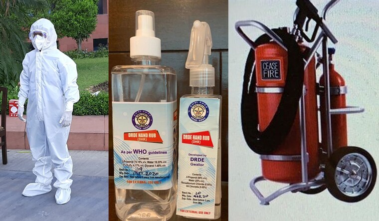 For the people: (From left) full-body suit, ethly alcohol-based hand sanitiser and  trolley mounted area sanitisation equipment developed by military scientists