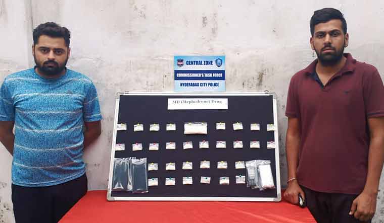 Caught in action: Peddlers who were arrested for transporting banned psychotropic substances and cannabis in Hyderabad.