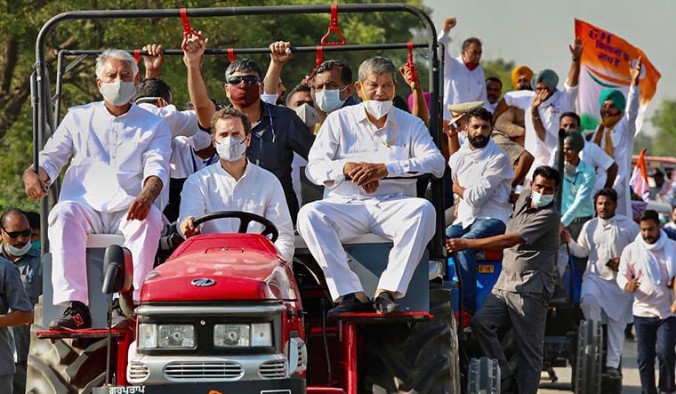 Bumpy ride ahead: Rahul Gandhi with senior Congress leaders during the Congress’s Kheti Bachao tractor rally against the farm laws in Patiala | PTI