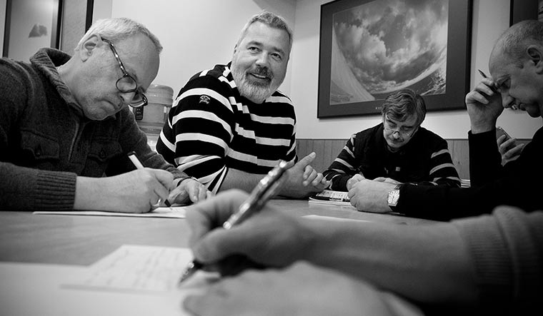 News and views: Dmitry Muratov with his colleagues at the Novaya Gazeta office in Moscow | Anna Artemyeva/Novaya Gazeta