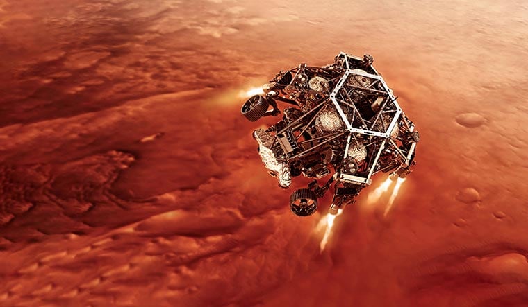NASA’s rover Perseverance descends on Mars.
