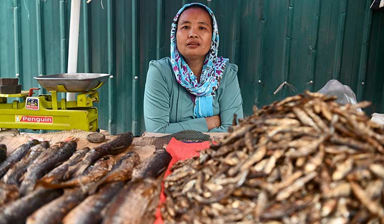 Cross-border business: Sewa Hangoi from Myanmar selling dry fish  in Moreh, Manipur.