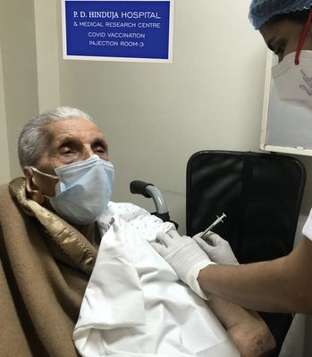 Century, shot: A 101-year-old patient taking vaccine at P.D. Hinduja hospital, Mumbai.