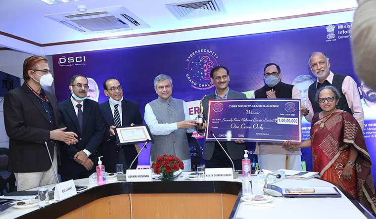 Safety first: Union Minister Rajeev Chandrasekhar (third from right) at the Cyber Security Grand Challenge Awards ceremony in November, 2021.