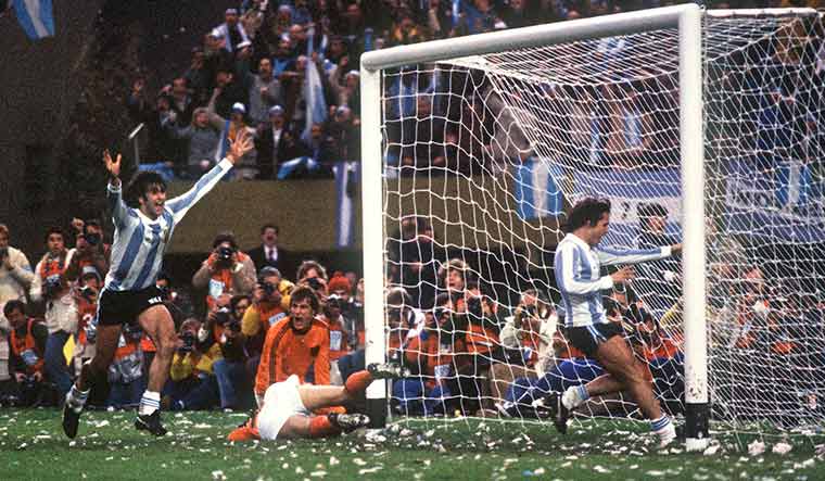 Momemt of triumph: Mario Kempes (left) and Daniel Bertoni celebrate a goal in the final against the Netherlands in 1978. This was Argentina's first World Cup win | AFP