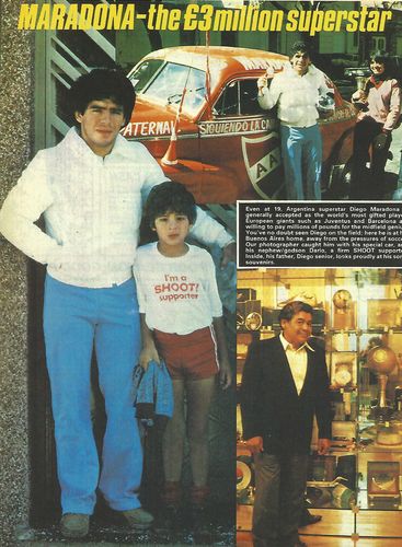 The page that was never printed: Gowar interviewed Maradona at a time when major European clubs were showing interest; this page of the publication SHOOT! shows a young Maradona with his nephew Dario, near a special car in Argentinos colours with a telephone inside, and his father, Diego senior, at their home. A printers' strike meant that the story was never published | courtesy Rex Gowar