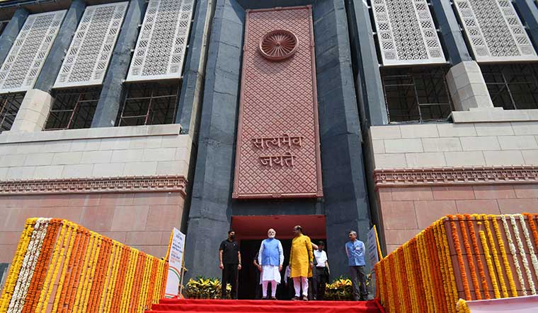 Men behind the mission: Prime Minister Narendra Modi and Lok Sabha Speaker Om Birla at the new Parliament for the unveiling ceremony of the national emblem in July | PIB