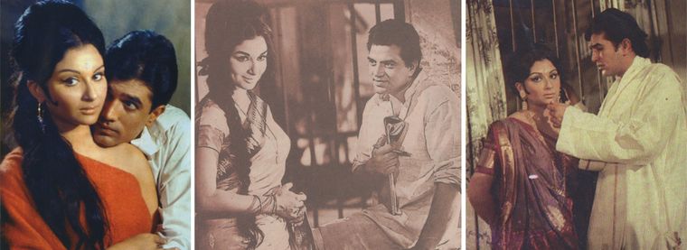 Evergreen songs: Sharmila Tagore with Rajesh Khanna in Aradhana; with Dharmendra in Anupama; and with Khanna in Amar Prem.