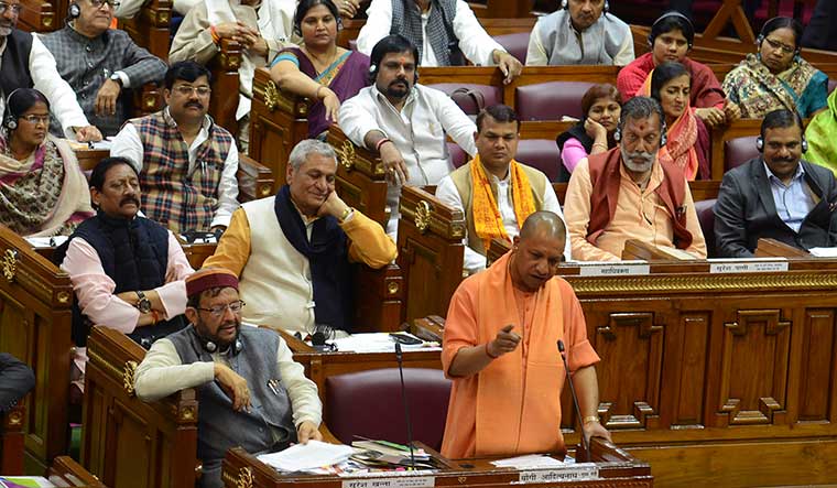 Divided house: Chief Minister Yogi Adityanath addresses the assembly. Inaccessibility and indifference to his legislators are oft-repeated charges against Adityanath | Pawan Kumar