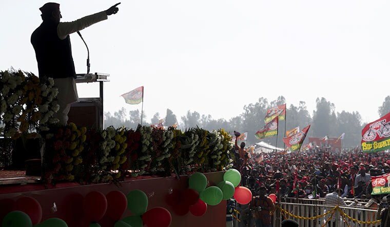 Loud and clear: Akhilesh Yadav speaking at an election meeting in Budaun in Uttar Pradesh.
