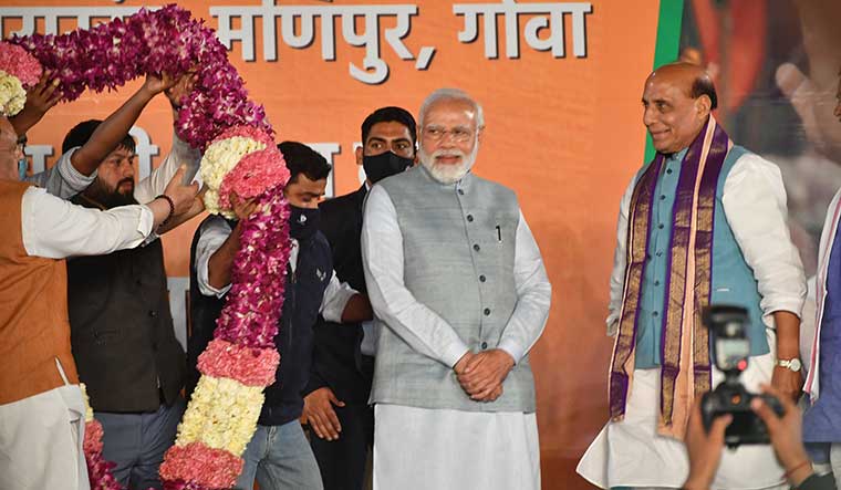 Lingering magic: Prime Minister Narendra Modi and Union Minister Rajnath Singh celebrate election victory at the BJP headquarters in Delhi | Arvind Jain