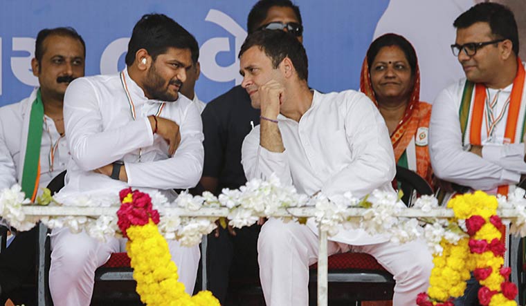 Lead question: A file photo of Rahul Gandhi with Hardik Patel. While many leaders are unhappy with the prominence Patel is getting in the Congress, he suggests the party should focus on two or three faces | PTI