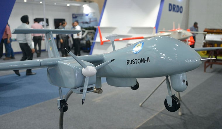 Flight and fight: A model of the Rustom II drone, later renamed Tapas-BH-201, at the 2018 Defexpo | Arvind Jain