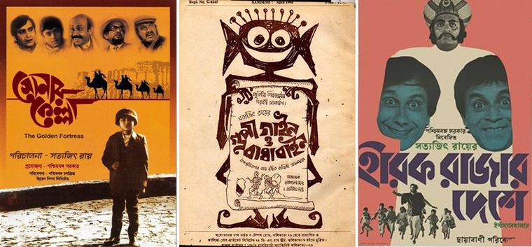 Treats for tots: (Left to right) posters of Ray’s detective film Sonar Kella and the films for children—Goopy Gyne Bagha Byne and Heerak Rajar Deshe.
