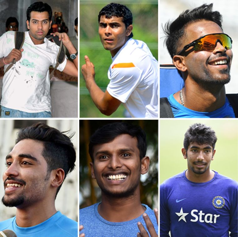 (Clockwise from top left) Rohit Sharma, Ravindra Jadeja, Hardik Pandya, Japrit Bumrah, Thangarasu Natarajan and Mohammed Siraj