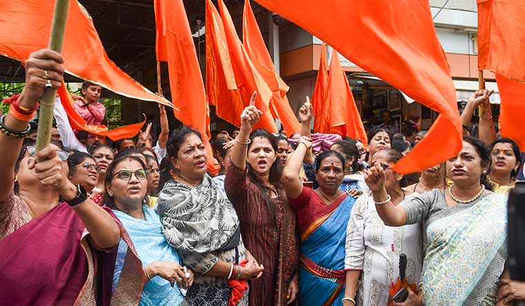 Supporters of Uddhav raising slogans outside the Shiv Sena Bhavan in Mumbai on June 21 | PTI