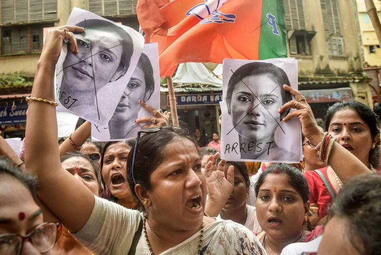 Age of anger: BJP Mahila Morcha members staging a demonstration against Trinamool Congress MP Mahua Moitra in Kolkata on July 6 | PTI