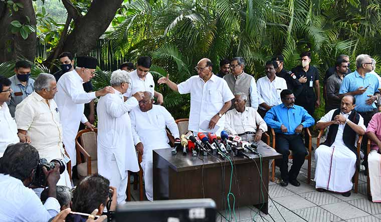 Mulling it over: Opposition leaders at NCP president Sharad Pawar’s residence on July 17 | sanjay Ahlawat