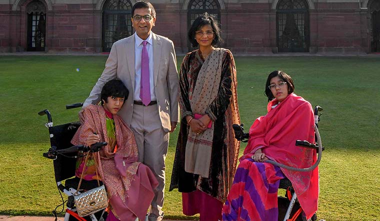 Family man: Chandrachud with wife, Kalpana, and daughters, Priyanka and Mahi,  on the premises of the Rashtrapati Bhavan | PTI