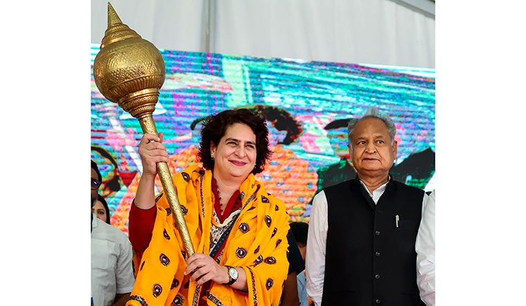 Another shade of saffron: Priyanka Gandhi Vadra with Rajasthan Chief Minister Ashok Gehlot at a function in Dausa | PTI