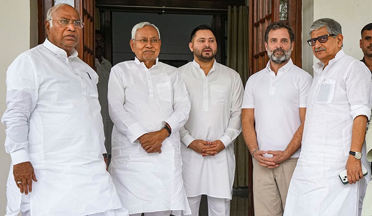 Meeting in the middle: (From left) Kharge, Nitish Kumar, Tejashwi Yadav, Rahul Gandhi and JD(U) president Rajiv Ranjan Singh | PTI