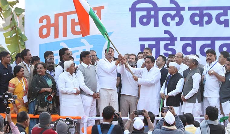 Flying high: Rahul Gandhi with Kamal Nath and other Congress leaders during the Bharat Jodo Yatra in Madhya Pradesh.