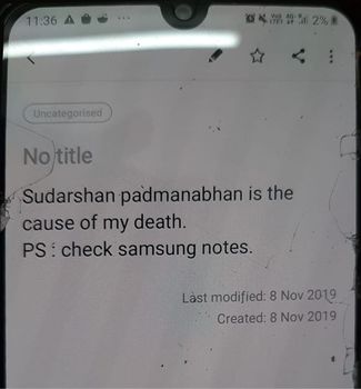 The alleged note from Fathima’s phone where she blames a professor for her death.