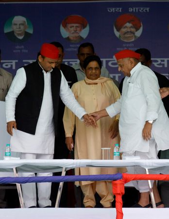 In it to win it: Samajwadi Party chief Akhilesh Yadav with father Mulayam and BSP supremo Mayawati at a rally in Mainpuri | Pawan Kumar