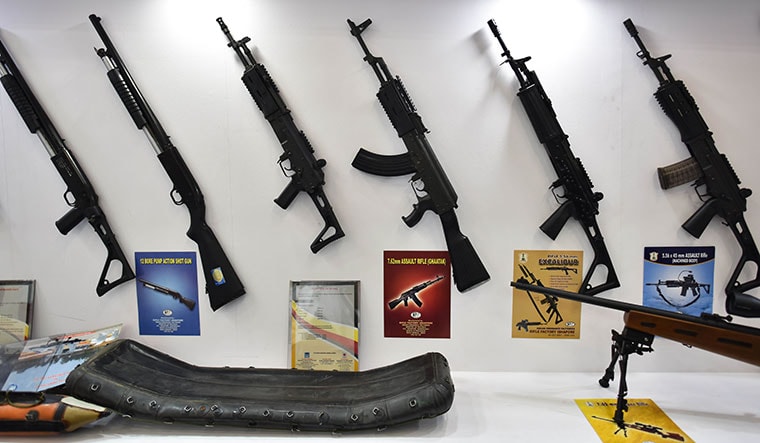 Fire Power: Assault guns manufactured by Ordnance Factory Board on display at the International Police Expo 2019 in Delhi | Getty Images