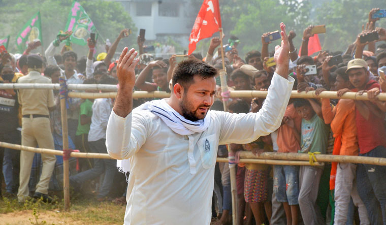 Heir style: Tejashwi at a recent rally in Rohtas | PTI