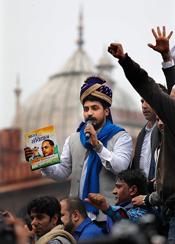 Leading from the front: Azad addressing a group of anti-CAA protesters outside Delhi’s Jama Masjid | AP