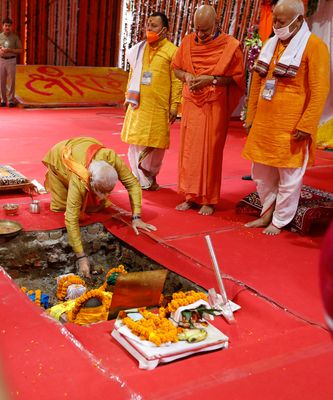 Realising a dream: Prime Minister Narendra Modi, Chief Minister Yogi Adityanath and RSS chief Mohan Bhagwat at the bhumi pujan in Ayodhya | AP