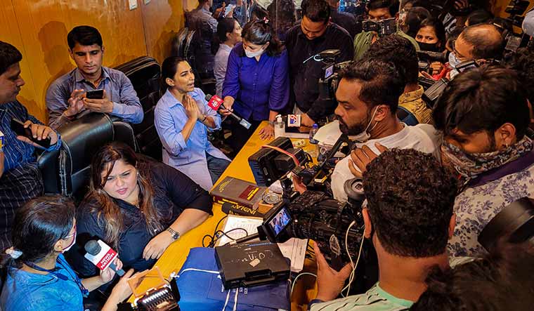 Strong Defence: Sameer Wankhede’s wife, Kranti, addresses a news conference in Mumbai | PTI