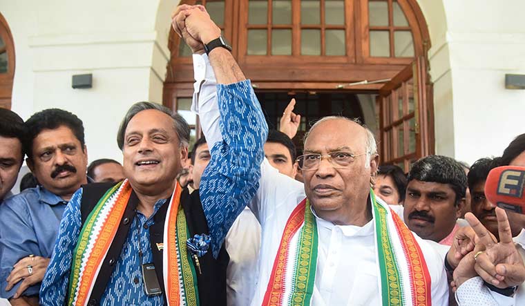 United front: Shashi Tharoor at Mallikarjun Kharge’s residence in Delhi after the election results on October 19 | PTI