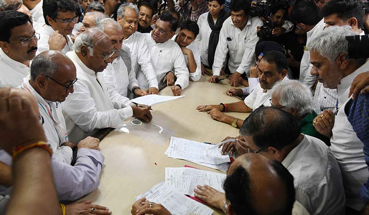 Show of strength: Kharge, accompanied by senior leaders, files his nomination, at the Congress headquarters in New Delhi | Sanjay Ahlawat
