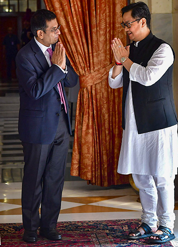 Divergent views: Chief Justice D.Y. Chandrachud with Law Minister Kiren Rijiju | PTI