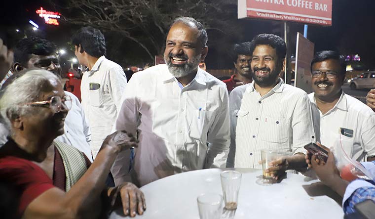 Release, relief: Perarivalan (third from right) with his mother, Arputham Ammal, at a tea shop in Vellore, following his release on bail from Puzhal Central Jail on March 15 | R.G. Sasthaa