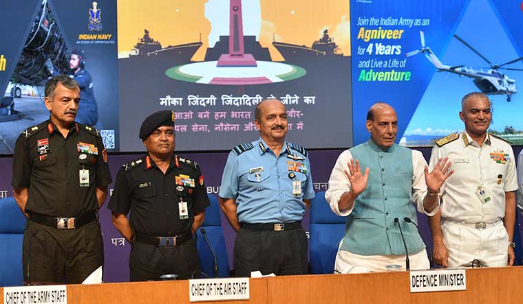 Plan of action: (From left) Lt Gen Anil Puri, Army chief General Manoj Pande, Air Force chief Air Chief Marshal V. R. Chaudhari, Defence Minister Rajnath Singh and Navy Chief Admiral R. Hari Kumar | Arvind Jain