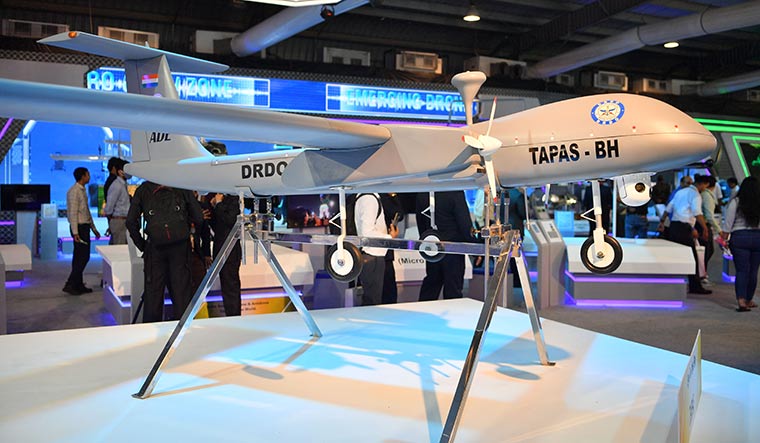 Pursuing excellence: TAPAS-BH, an unmanned aerial vehicle developed by the DRDO, at the 2022 DefExpo in Gandhinagar | Arvind Jain