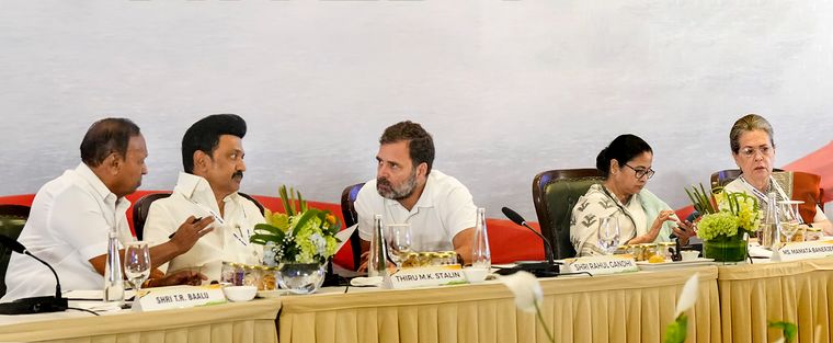 Talking strategy: (From left) DMK leader T.R. Baalu, Tamil Nadu Chief Minister M.K. Stalin, Rahul Gandhi, West Bengal Chief Minister Mamata Banerjee and Sonia Gandhi | PTI