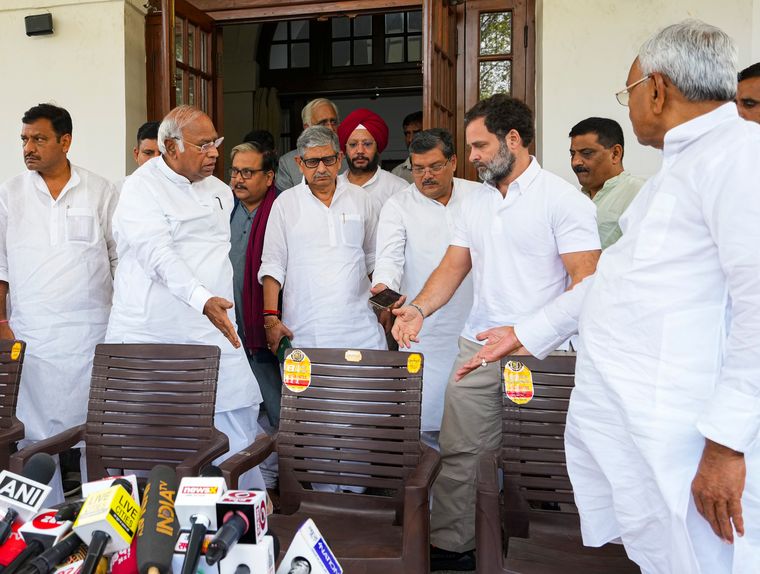 United front: Mallikarjun Kharge (left)with Nitish Kumar (far right), Rahul Gandhi and other leaders at his residence in Delhi | PTI