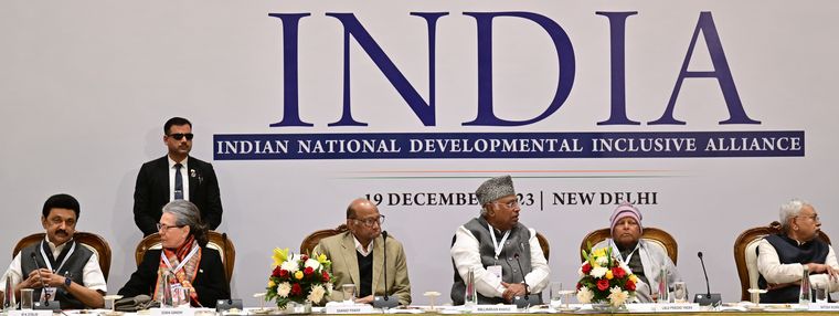 Not seeing eye to eye: Nitish Kumar (far right) reportedly felt sidelined after Congress’s Mallikarjun Kharge (third from right) was made the face of the INDIA alliance at its Delhi meet in December. Also seen are (from left) DMK’s M.K. Stalin, Congress’s Sonia Gandhi, NCP’s Sharad Pawar and RJD’s Lalu Prasad | Rahul R. Pattom